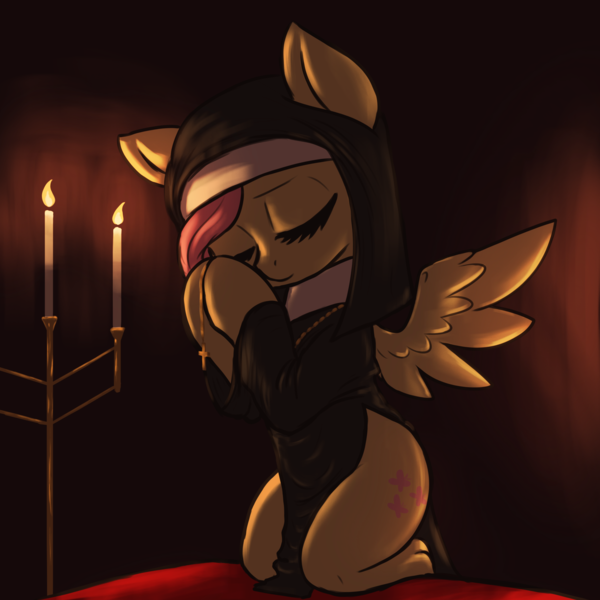 Size: 3000x3000 | Tagged: safe, artist:t72b, derpibooru import, fluttershy, pegasus, pony, candle, candlelight, clothes, cross, eyes closed, flutternun, image, kneeling, nun, png, praying, side slit, solo, spread wings, wings