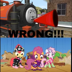 Size: 3464x3464 | Tagged: safe, derpibooru import, apple bloom, scootaloo, sweetie belle, earth pony, pegasus, unicorn, the show stoppers, angry, image, megaphone, meme, png, shocked, skarloey, sodor shorts, the stories of sodor, thomas and friends, thomas the tank engine