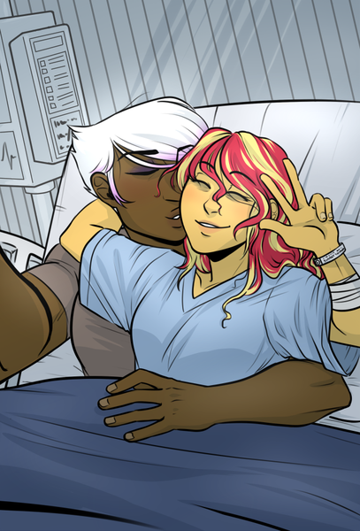 Size: 630x928 | Tagged: artist needed, safe, derpibooru import, gilda, sunset shimmer, human, fanfic:featherfall, bandage, bed, dark skin, eyes closed, female, gildimmer, hand, hospital bed, image, kissing, lesbian, muscles, muscular female, peace sign, png, selfie, shipping, smiling