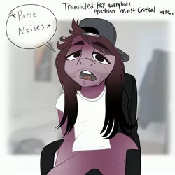 Size: 3000x3000 | Tagged: safe, artist:fiyawerks, derpibooru import, ponified, pony, backwards ballcap, baseball cap, cap, chair, cr1tikal, crossover, descriptive noise, dialogue, funny, hat, horse noises, image, jpeg, looking at you, meme, moist critical, open mouth, ponified meme, sitting, teeth, wooo, youtuber