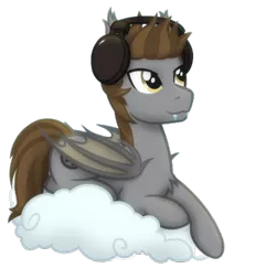 Size: 600x582 | Tagged: safe, artist:whitequartztheartist, derpibooru import, oc, oc:devin, unofficial characters only, bat pony, derpibooru community collaboration, 2022 community collab, cloud, cute, fangs, happy, headphones, image, listening to music, looking at something, lying down, lying on a cloud, on a cloud, png, simple background, smiling, transparent background