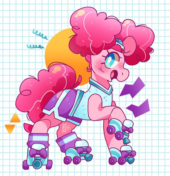 Size: 2788x2891 | Tagged: safe, artist:cocopudu, derpibooru import, pinkie pie, earth pony, pony, abstract background, clothes, costume, female, image, jpeg, mare, nightmare night costume, open mouth, open smile, pinkie puffs, raised hoof, redraw, roller skates, smiling, solo