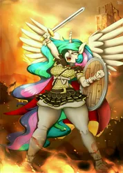 Size: 3913x5500 | Tagged: safe, artist:tatemil, derpibooru import, princess celestia, alicorn, anthro, plantigrade anthro, afterbattle, angry celestia, armor, cape, clothes, fantasy class, female, fire, image, jpeg, roman, shield, sol invictus, solo, sword, warcry, warrior, warrior celestia, weapon, wings extended