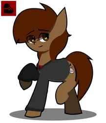 Size: 1299x1500 | Tagged: safe, artist:darksoma, derpibooru import, oc, oc:lucy king, earth pony, clothes, heart, hoodie, image, minimalist, modern art, outline, png, red shirt, rule 63, sad, shirt art, solo, stylized