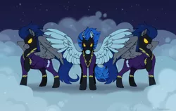 Size: 1900x1200 | Tagged: safe, artist:pigeorgien, derpibooru import, descent, nightshade, pegasus, pony, clothes, cloud, costume, evil, female, image, male, mare, png, raised hoof, shadowbolts (nightmare moon's minions), shadowbolts costume, spread wings, stallion, trio, wings
