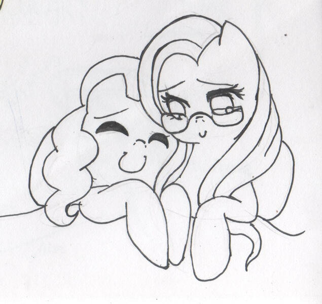 Size: 1208x1142 | Tagged: safe, artist:nabirar, derpibooru import, fluttershy, pinkie pie, earth pony, pegasus, pony, cuddling, duo, female, flutterpie, glasses, grayscale, image, ink drawing, jpeg, lesbian, monochrome, shipping, smiling, traditional art