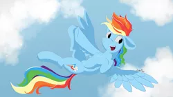 Size: 2560x1440 | Tagged: safe, artist:akuneanekokuro, derpibooru import, rainbow dash, pegasus, pony, chest fluff, cloud, day, digital art, female, floppy ears, flying, happy, image, mare, multicolored hair, open mouth, open smile, outdoors, png, rainbow hair, rainbow tail, signature, simple background, sky, smiling, solo, spread wings, tail, teeth, underhoof, wings