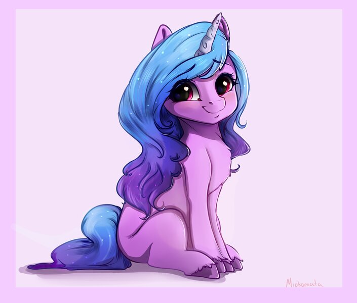 Size: 2824x2404 | Tagged: safe, artist:miokomata, derpibooru import, izzy moonbow, pony, unicorn, cute, female, g5, image, izzybetes, jpeg, looking at you, mare, purple background, simple background, sitting, smiling, smiling at you, solo, unshorn fetlocks