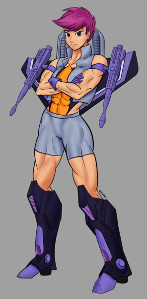 Size: 1424x2888 | Tagged: safe, artist:tauts05, derpibooru import, scootaloo, human, abs, clothes, costume, female, gray background, humanized, image, muscles, muscular female, older, older scootaloo, png, shorts, simple background, skywarp, solo, strongaloo, transformers