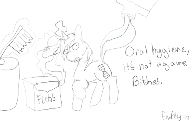 Size: 640x400 | Tagged: safe, artist:ponywoona, derpibooru import, minuette, pony, unicorn, floss, grayscale, image, look of disapproval, magic, monochrome, noose, old art, png, raised hoof, sketch, solo, telekinesis, toothbrush, toothpaste, vulgar