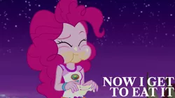 Size: 1280x720 | Tagged: safe, derpibooru import, edit, edited screencap, editor:quoterific, screencap, pinkie pie, equestria girls, legend of everfree, aweeg*, camp everfree outfits, eyes closed, female, food, image, jpeg, marshmallow, night, smiling, solo