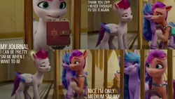 Size: 1280x720 | Tagged: safe, derpibooru import, edit, edited screencap, editor:quoterific, screencap, izzy moonbow, sunny starscout, zipp storm, earth pony, pegasus, pony, unicorn, my little pony: a new generation, ball, book, female, g5, image, izzy's tennis ball, jpeg, mare, medium sneaky, open mouth, open smile, smiling, tennis ball