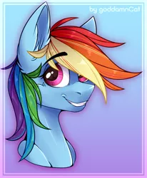 Size: 1328x1612 | Tagged: safe, alternate version, artist:goddamncat, derpibooru import, rainbow dash, pegasus, pony, bust, cute, dashabetes, female, image, looking at you, mare, png, portrait, smiling, smiling at you, smirk, solo, textless version, updated, updated design