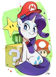 Size: 1322x1814 | Tagged: safe, artist:nendo, derpibooru import, rarity, pony, unicorn, block, cap, female, hat, image, mare, mario, mario hat, mushroom, png, question mark, question mark block, sitting, solo, super mario bros., super mushroom, super star