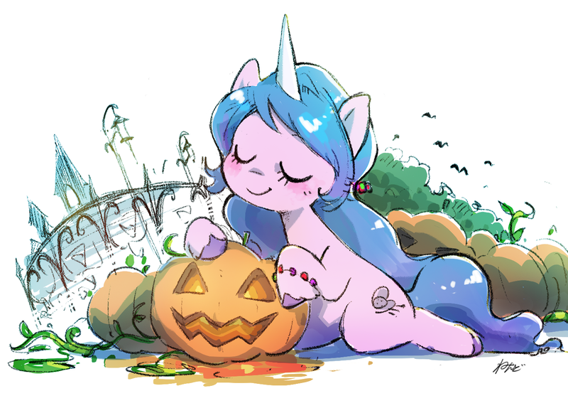 Size: 1387x996 | Tagged: safe, artist:nendo, derpibooru import, izzy moonbow, pony, unicorn, my little pony: a new generation, blushing, bracelet, cute, eyes closed, female, g5, halloween, holiday, image, izzybetes, jack-o-lantern, jewelry, mare, png, pumpkin, solo, unshorn fetlocks