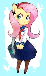 Size: 798x1316 | Tagged: safe, artist:nendo, derpibooru import, fluttershy, semi-anthro, bag, blouse, blushing, clothes, cute, female, hair accessory, hairpin, head turned, image, looking at you, looking sideways, png, satchel, school uniform, shyabetes, skirt, smiling, socks, solo, standing, stockings, thigh highs