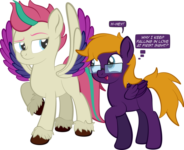 Size: 1920x1566 | Tagged: safe, artist:alexdti, derpibooru import, zipp storm, oc, oc:purple creativity, pegasus, pony, blue eyes, blushing, colored hooves, colored wings, duo, duo female, eyebrows, female, folded wings, g5, glasses, image, looking at each other, mare, multicolored wings, open mouth, open smile, pegasus oc, png, raised hoof, simple background, smiling, speech bubble, standing, tail, thought bubble, transparent background, two toned mane, two toned tail, unshorn fetlocks, wings