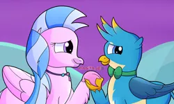 Size: 2500x1500 | Tagged: safe, artist:fantaje3, derpibooru import, gallus, silverstream, gryphon, hippogriff, cute, diastreamies, female, gallabetes, gallstream, holding hands, image, jewelry, male, necklace, png, shipping, smiling, straight