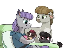 Size: 2732x2048 | Tagged: safe, artist:moccabliss, derpibooru import, maud pie, mudbriar, oc, oc:obsidian gelam, oc:wren wood, earth pony, pony, baby, baby pony, female, image, male, maudbriar, offspring, parent:maud pie, parent:mud briar, parents:maudbriar, png, shipping, simple background, straight, white background