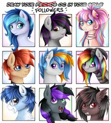 Size: 1200x1327 | Tagged: safe, artist:puggie, derpibooru import, oc, oc:bijou butterfly, oc:flair, oc:gulfstream, oc:jewel blue, unofficial characters only, bat pony, dracony, dragon, earth pony, hybrid, original species, pony, shark, shark pony, art meme, bat pony oc, bat wings, glasses, image, jewelry, multicolored hair, piercing, png, rainbow hair, sharp teeth, teeth, tongue out, wings