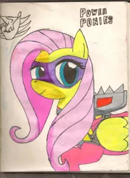 Size: 1700x2338 | Tagged: safe, artist:darkalicornwarrior, derpibooru import, fluttershy, pegasus, pony, image, jpeg, mask, pink ranger, power ponies, power rangers, power rangers dino charge, simple background, solo, traditional art, zyuden sentai kyoryuger