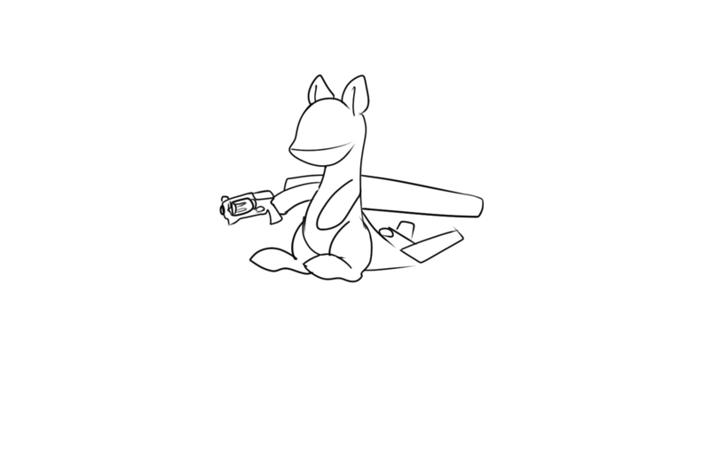 Size: 1500x1000 | Tagged: safe, artist:andromailus, oc, unofficial characters only, original species, plane pony, pony, predator drone, drone, hoof hold, image, nerf gun, plane, png, simple background, sitting, solo, white background