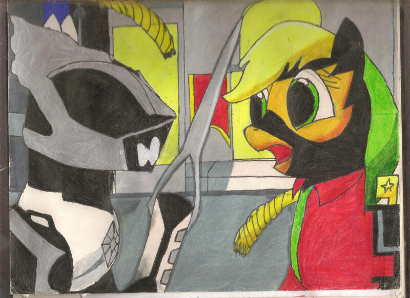 Size: 2338x1700 | Tagged: safe, artist:darkalicornwarrior, derpibooru import, applejack, mistress marevelous, earth pony, power ponies (episode), denji sentai megaranger, image, jpeg, power ponies, power rangers, power rangers in space, psycho rangers, traditional art