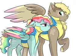 Size: 2732x2048 | Tagged: safe, artist:moccabliss, derpibooru import, oc, oc:cloud spirit, oc:sona shy, pegasus, pony, clothes, colored wings, female, image, male, mare, multicolored wings, offspring, parent:rainbow dash, parent:soarin', parents:derpyshy, parents:soarindash, png, simple background, stallion, uniform, white background, wings, wonderbolt trainee uniform