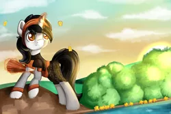 Size: 1280x854 | Tagged: safe, artist:appleneedle, derpibooru import, oc, oc:gian, butterfly, insect, pony, unicorn, art, character, clothes, costume, digital, draw, drawing, fanart, image, jpeg, knight, nature, paint, painting