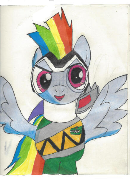 Size: 1700x2338 | Tagged: safe, artist:darkalicornwarrior, derpibooru import, rainbow dash, pegasus, image, jpeg, power rangers, power rangers dino charge, simple background, solo, traditional art, zyuden sentai kyoryuger