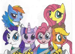 Size: 2338x1700 | Tagged: safe, artist:darkalicornwarrior, derpibooru import, applejack, fluttershy, pinkie pie, rainbow dash, rarity, twilight sparkle, alicorn, earth pony, pegasus, pony, unicorn, deviantart watermark, image, jpeg, mane six, obtrusive watermark, power rangers, power rangers dino charge, simple background, traditional art, watermark, zyuden sentai kyoryuger