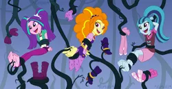 Size: 1440x748 | Tagged: suggestive, artist:chaoskomori, derpibooru import, edit, adagio dazzle, aria blaze, sonata dusk, equestria girls, ariasub, barefoot, blushing, boots, clothes, cropped, feet, fetish, fingerless gloves, foot fetish, gloves, image, png, ponytail, shoes, shoes removed, sock removal, socks, sonatasub, stockings, subdagio, tentacles, the dazzlings, thigh highs, tickle fetish, tickle torture, tickling, vine