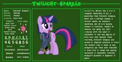 Size: 11720x6000 | Tagged: safe, artist:dashiesparkle, artist:ponygamer2020, derpibooru import, twilight sparkle, pony, unicorn, fallout equestria, bio, clothes, cutie mark, fallout, fallout equestria: character guide, female, image, jumpsuit, open mouth, pipboy, png, raised hoof, reference sheet, s.p.e.c.i.a.l., solo, unicorn twilight, vault suit, vector