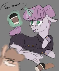 Size: 2500x3000 | Tagged: safe, artist:anonymous, ponerpics import, oc, oc:tuesday, oc:twosday, unofficial characters only, earth pony, pony, /mlp/, blob ponies, clothes, coffee, dot eyes, drawthread, duo, duo female, female, floppy ears, frown, glasses, gray background, hair bun, image, jpeg, mare, pumpkin spice, pumpkin spice latte, simple background, sugar rush, tongue out, weekday ponies