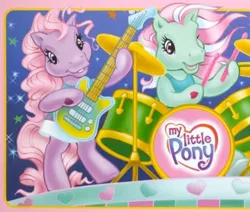 Size: 574x486 | Tagged: safe, derpibooru import, official, minty, sweetsong, earth pony, pony, bipedal, book, clothes, curly hair, dress, drum set, drums, drumsticks, g3, g3 logo, guitar, heart, heart hoof, image, jpeg, logo, musical instrument, pink hair, pink mane, pony pop stars, scan, stage, standing, streaked mane