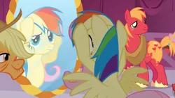 Size: 1920x1080 | Tagged: safe, derpibooru import, screencap, applejack, big macintosh, fluttershy, granny smith, pinkie pie, earth pony, pegasus, magic duel, disguise, image, mirror, multicolored hair, paint, paintbrush, png, rainbow hair, reflection