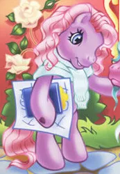 Size: 187x270 | Tagged: safe, derpibooru import, official, sweetsong, toola roola, earth pony, pony, bipedal, book, caress, clipboard, clothes, curly hair, flower, g3, image, jpeg, offscreen character, pink hair, pink mane, pony pop stars, purple coat, solo, standing, standing on two hooves, sweater, vine