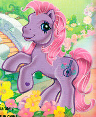 Size: 188x230 | Tagged: safe, derpibooru import, official, sweetsong, earth pony, pony, backcard, bridge, cropped, flower, g3, image, jpeg, mandolin, musical instrument, pink hair, pink mane, purple coat, scan, solo