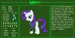 Size: 11720x6000 | Tagged: safe, artist:ponygamer2020, derpibooru import, rarity, pony, unicorn, fallout equestria, beautiful, bio, clothes, cutie mark, eyeshadow, fallout, fallout equestria: character guide, female, image, jumpsuit, looking at you, makeup, mare, pipboy, png, reference sheet, s.p.e.c.i.a.l., solo, vault suit, vector