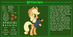 Size: 11720x6000 | Tagged: safe, artist:ponygamer2020, derpibooru import, applejack, earth pony, pony, fallout equestria, applejack's hat, bio, bipedal, clothes, cowboy hat, cutie mark, fallout, fallout equestria: character guide, female, hat, image, jumpsuit, mare, pipboy, png, reference sheet, s.p.e.c.i.a.l., smiling, solo, teeth, vault suit, vector