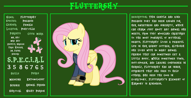 Size: 11720x6000 | Tagged: safe, artist:ponygamer2020, derpibooru import, fluttershy, pegasus, pony, fallout equestria, bio, clothes, cute, fallout, fallout equestria: character guide, female, image, jumpsuit, mare, pipboy, png, reference sheet, s.p.e.c.i.a.l., shyabetes, solo, vault suit, vector