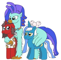 Size: 2363x2336 | Tagged: safe, artist:supahdonarudo, derpibooru import, oc, oc:fleurbelle, oc:ironyoshi, oc:sea lilly, unofficial characters only, alicorn, classical hippogriff, hippogriff, unicorn, derpibooru community collaboration, 2022 community collab, bow, camera, clothes, derpibooru exclusive, hoof on shoulder, hug, image, jewelry, looking up, necklace, png, shirt, simple background, transparent background, winghug, wings