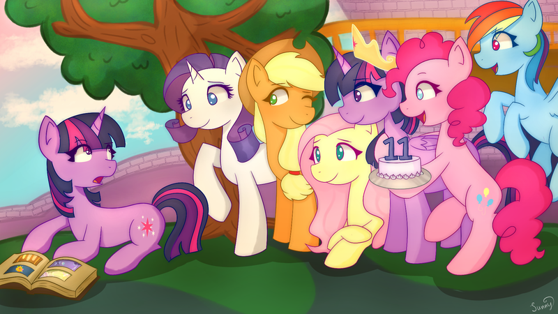 Size: 1920x1080 | Tagged: safe, artist:sunnyroop23, derpibooru import, applejack, fluttershy, pinkie pie, rainbow dash, rarity, twilight sparkle, twilight sparkle (alicorn), alicorn, earth pony, pegasus, pony, unicorn, anniversary, bipedal, book, book of harmony, cake, female, floating, folded wings, food, hat, head turned, hoof hold, image, jewelry, looking at each other, looking at someone, lying down, mane six, mare, mlp fim's eleventh anniversary, no pupils, one eye closed, open mouth, open smile, outdoors, png, profile, prone, raised hoof, regalia, self paradox, self ponidox, smiling, spread wings, surprised, tree, unicorn twilight, wallpaper, wings