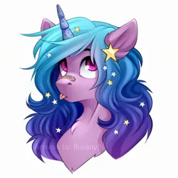 Size: 2717x2717 | Tagged: safe, artist:buvanybu, derpibooru import, izzy moonbow, pony, unicorn, :p, bandaid, bust, chest fluff, cute, ear fluff, female, g5, hair accessory, image, izzybetes, jpeg, mare, portrait, solo, stars, tongue out