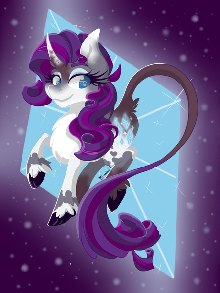 Size: 2480x3307 | Tagged: safe, artist:exendra07, derpibooru import, rarity, classical unicorn, pony, unicorn, alternate design, chest fluff, cloven hooves, coat markings, curved horn, cutie mark background, female, horn, image, jpeg, leonine tail, looking at you, mare, smiling, smiling at you, solo, twitterina design, unshorn fetlocks