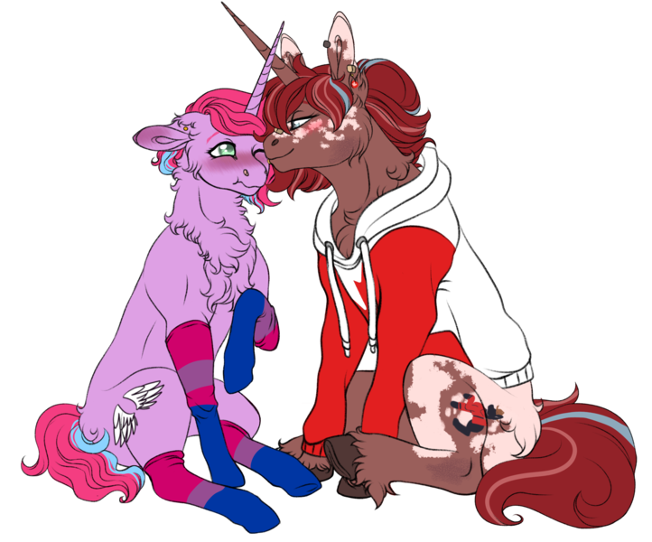 Size: 2591x2152 | Tagged: safe, artist:malinraf1615, derpibooru import, oc, oc:barnburner, oc:lilac, unofficial characters only, pony, unicorn, derpibooru community collaboration, 2022 community collab, bedroom eyes, bisexual pride flag, blushing, canada, canadian, canadian flag, chest fluff, clothes, duo, ear piercing, earring, female, flustered, hoodie, image, jewelry, lesbian, lip piercing, looking at each other, mare, markings, multicolored hair, nuzzling, oc x oc, one eye closed, piercing, png, pride, pride flag, raised hoof, shipping, simple background, socks, striped socks, transparent background, unshorn fetlocks