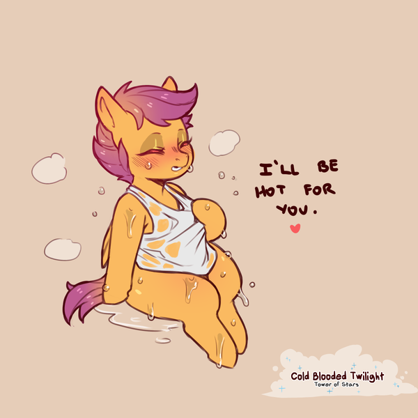 Size: 1200x1200 | Tagged: suggestive, artist:cold-blooded-twilight, derpibooru import, scootaloo, blushing, clothes, dialogue, ear blush, eyes closed, eyeshadow, female, heart, image, makeup, panting, png, puddle, simple background, solo, solo female, sweat, wet clothes, wide hips