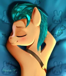 Size: 1773x2030 | Tagged: safe, artist:darksly, derpibooru import, part of a set, hitch trailblazer, earth pony, pony, belt, blushing, body pillow, commission, cute, eyes closed, g5, hitchbetes, image, jpeg, male, markings, solo, stallion