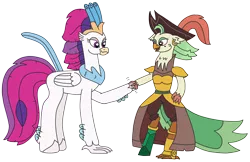 Size: 3370x2190 | Tagged: safe, artist:supahdonarudo, derpibooru import, captain celaeno, queen novo, avian, classical hippogriff, hippogriff, parrot pirates, my little pony: the movie, crystal pegleg, handshake, hat, image, pirate, pirate hat, png, redraw, simple background, transparent background