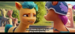 Size: 1600x734 | Tagged: safe, derpibooru import, edit, edited screencap, screencap, hitch trailblazer, sunny starscout, my little pony: a new generation, spoiler:g5, spoiler:my little pony: a new generation, english, english subtitles, g5, helmet, image, png, sign, subtitles